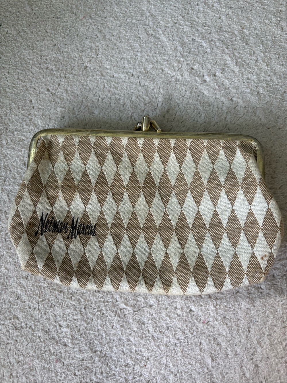 Vintage Neiman Marcus Beige & Cream Diamond Jacquard Cosmetic Clutch